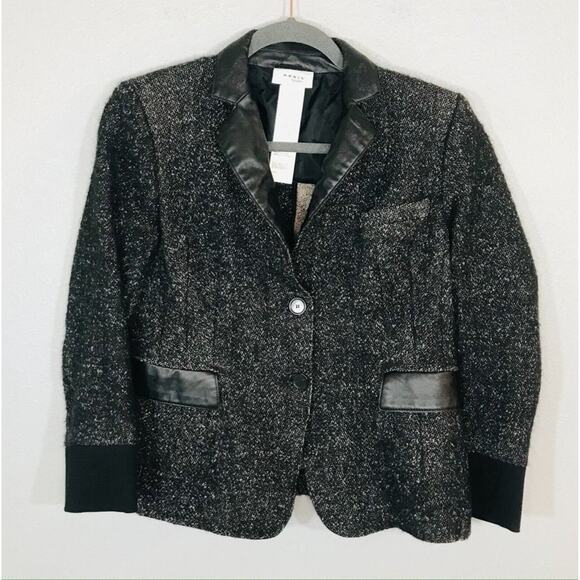 AKRIS Punto Blazer Jacket Wool Tweed Faux Leather Trim Knit Combo, 10 - Picture 2 of 12